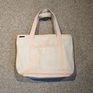 Lands End Canvas Tote Bag Beige Pink Travel Beach Work School